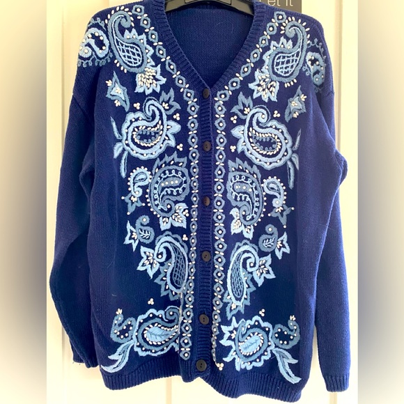 Women’s Handmade Knit Cardigan Sweater Pearls Sz L - Picture 1 of 4